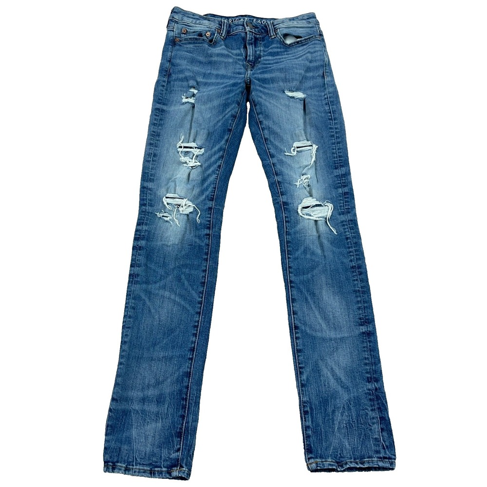 American Eagle Skinny Jeans Men 30x34 Med Wash Faded Whiskered Rips Holes Flex